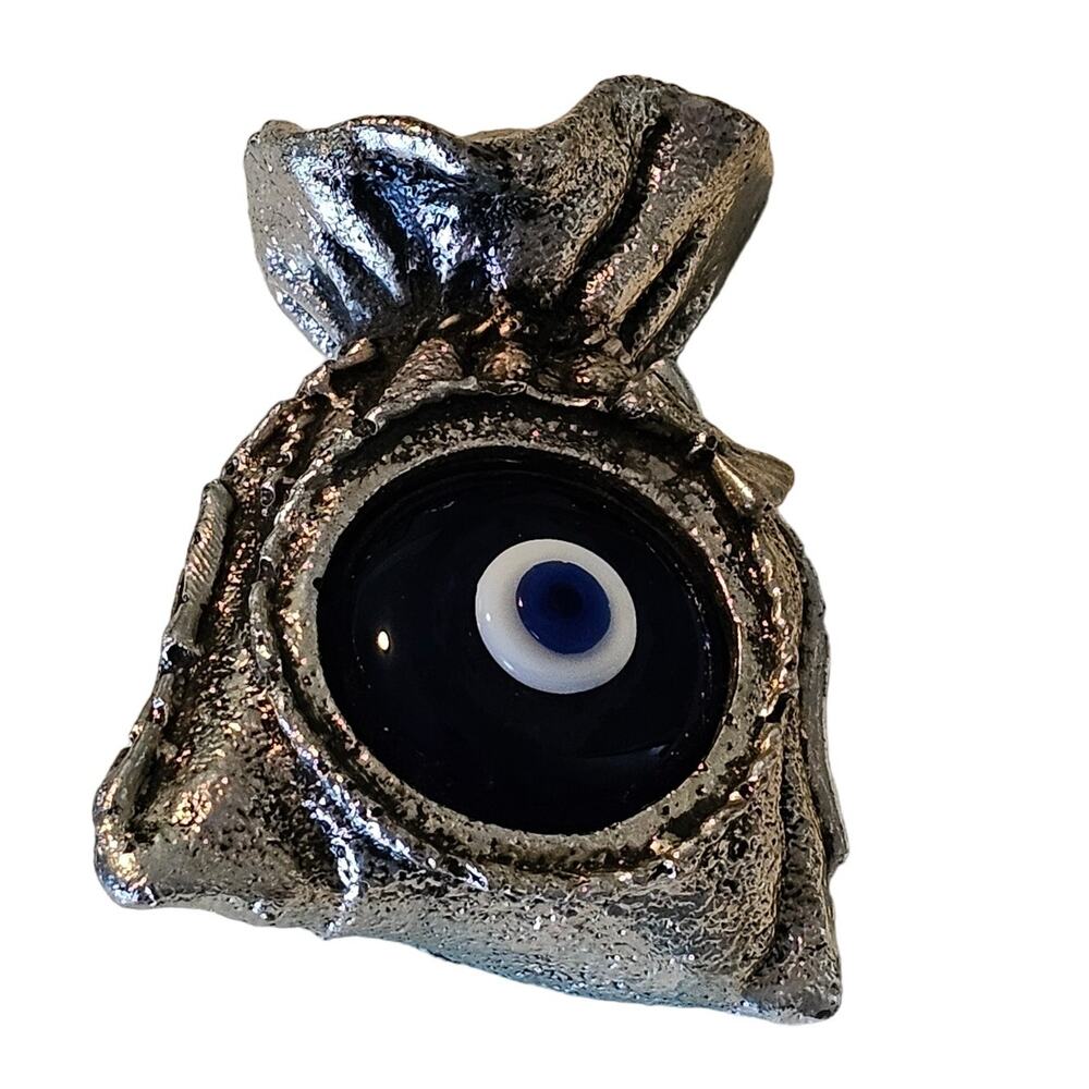 Vintage Turkish Evil Eye Paperweight Silver Metal and Blue Glass